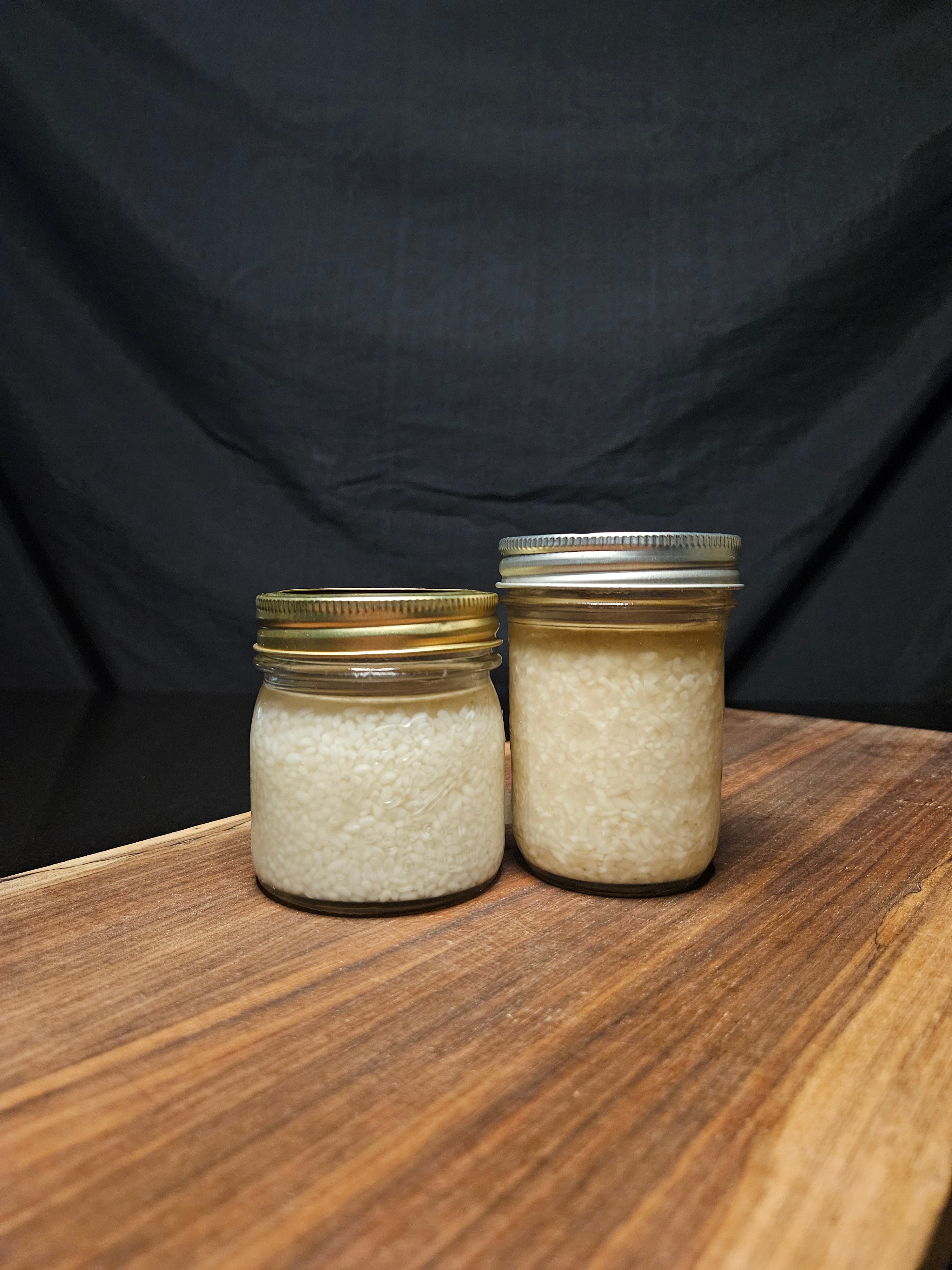 Two glass jars full of shio koji with metal lids on a dark fabric background